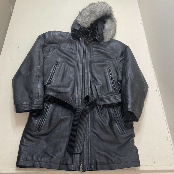 WILSONS Black Leather Long Winter Coat Faux Fur Hood Medium Vintage